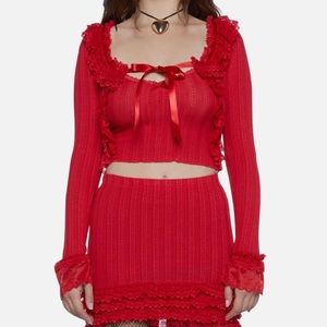 Knit Red Cardigan and Cami top coquette lace 2 piece set